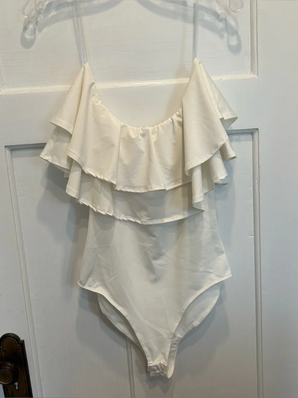 White Off-Shoulder Double Ruffle Bodysuit - Picture 2 of 5